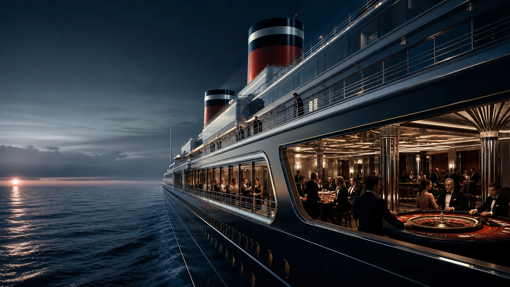 Fictional cruise liner crossing open water with an elegant staffed casino salon visible aboard